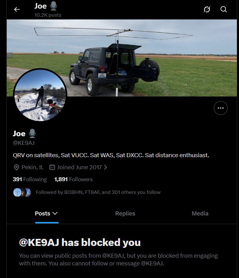 SpaceStation22's tweet photo. hmmm, curious why @ke9aj blocked me ?  could another amateur operator ask him ?  maybe it was a mistake... https://t.co/2IjI5fjZ92