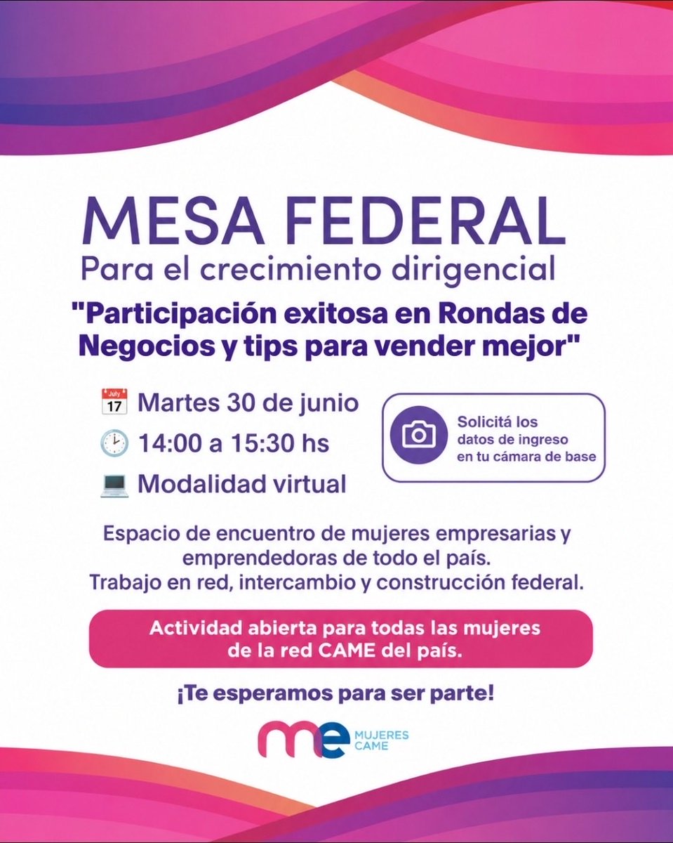 CAMEMujeres's tweet photo. 🌎 MESA FEDERAL | Para el crecimiento dirigencial

Las mujeres empresarias y emprendedoras seguimos construyendo una red cada vez más fuerte, conectada y federal.

📅  30 de junio
🕑 14 a 15.30 H
💻 Modalidad virtual

🤝 Actividad abierta para todas las mujeres de la Red Mujeres. https://t.co/HS6z2QB26U