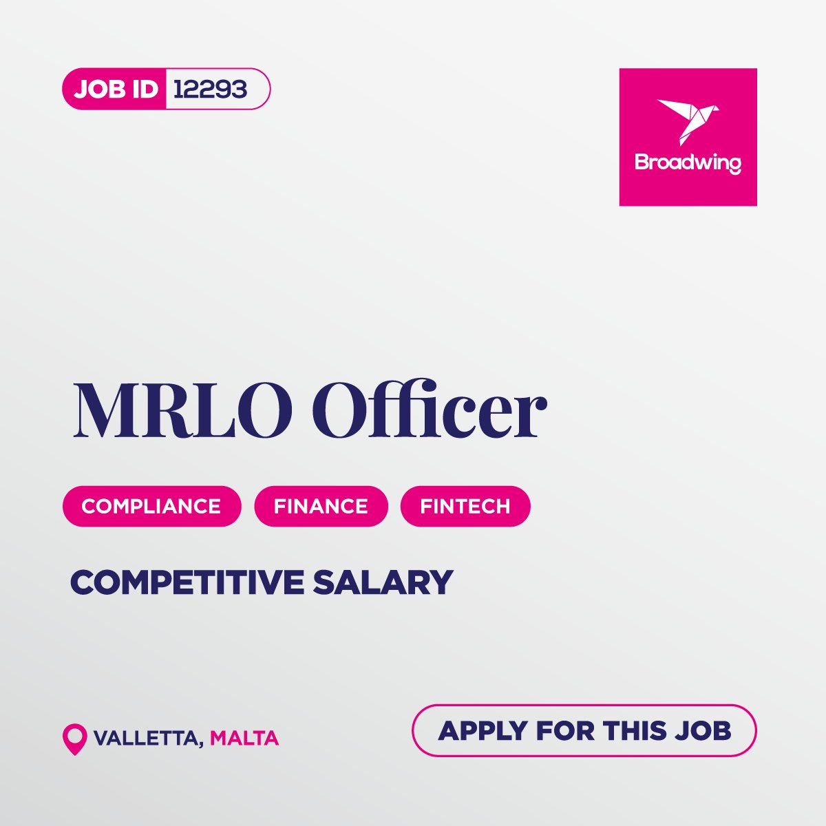 BROADWING_JOBS's tweet photo. 💼 Job Title: MLRO Officer
✅ Apply for this job: https://t.co/F0IiYMDuDE
#compliance #finance #fintech #legal #aml #analytical #cdd #cft #communication #mfsa #mlro #monitoring #pq #regulatory #risk #risk #jobs #recruitment #staffing #employment #jobsearch https://t.co/xN8XjvHoHM