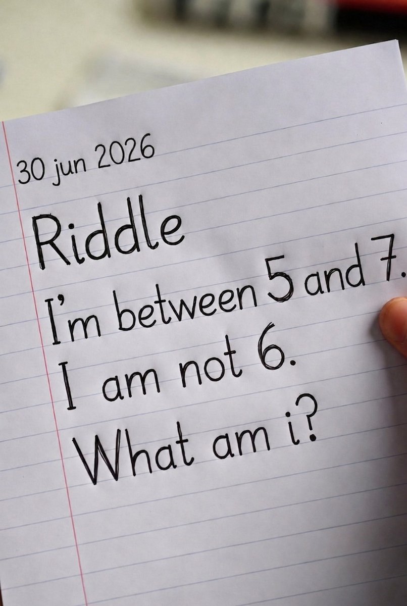 USHeritageVault's tweet photo. Simple riddle, tricky answer.
Think carefully and comment your answer:
What is between 5 and 7 but not 6?
#RiddleTime #BrainTeaser #GuessTheAnswer #PuzzleChallenge #CommentYourAnswer https://t.co/5DMJI3mKbX