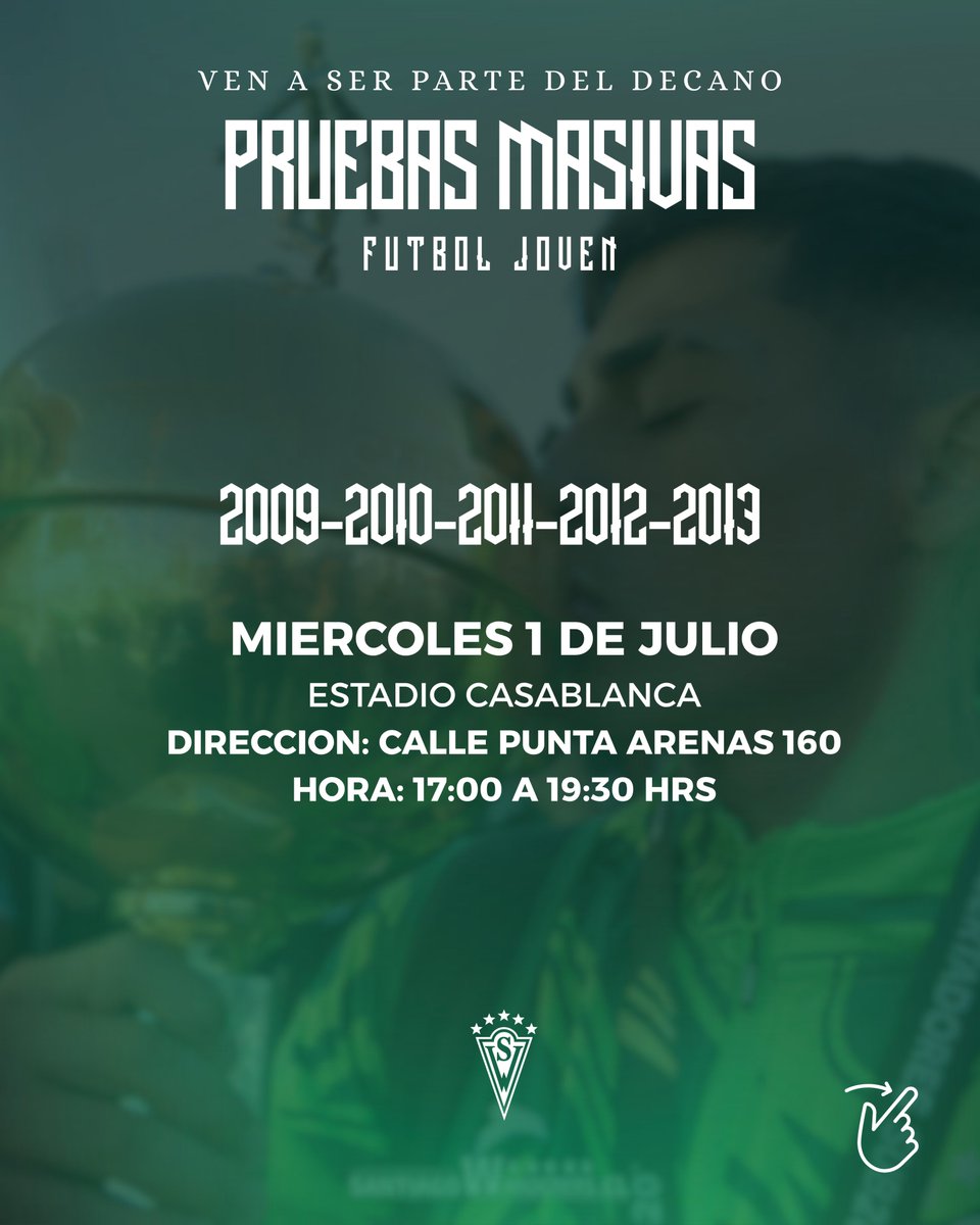 swanderers's tweet photo. 𝐏𝐑𝐔𝐄𝐁𝐀𝐒 𝐌𝐀𝐒𝐈𝐕𝐀𝐒 ⚪🟢

Santiago Wanderers abre una nueva jornada de Pruebas Masivas del Fútbol Joven para jugadores de las categorías 2009, 2010, 2011, 2012 y 2013. https://t.co/XiqFbrFbww