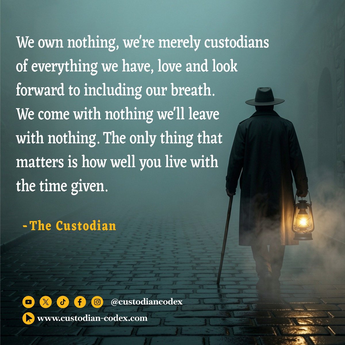 CustodianCodex's tweet photo. We own nothing, we're merely custodians of everything we own, love and look forward to including our breath. We come with nothing we'll leave with nothing. The only thing that matters is how well you live with the time given. — The Custodian

#CustodianCodex #Philosophy #Stoicism https://t.co/Pojyh2nlDh