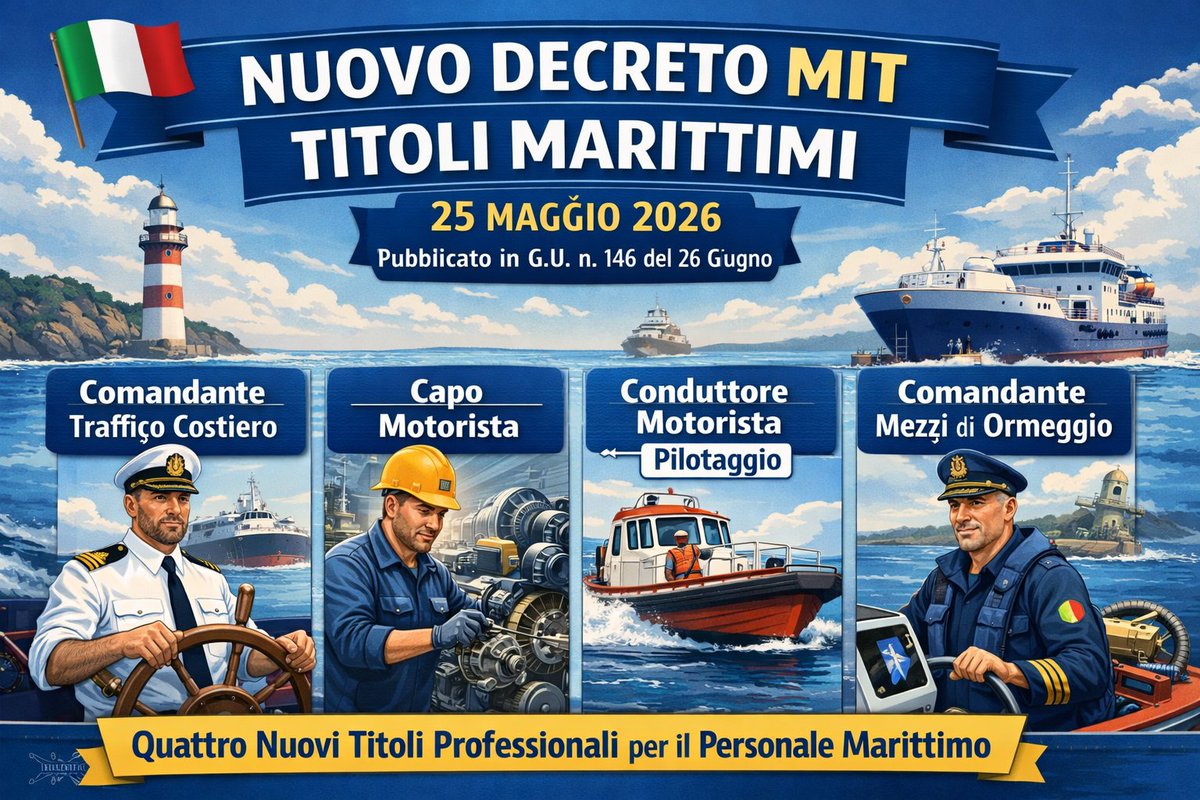 SpagnoloMario3's tweet photo. Il nuovo decreto 25 maggio 2026 del MIT (pubblicato in GU n. 146 del 26 giugno), introduce 4  nuovi titoli professionali per il personale marittimo. È un passaggio importante perché aggiorna la classificazione delle figure operative nei servizi portuali, costieri e di ormeggio. https://t.co/gQ25usFOEp