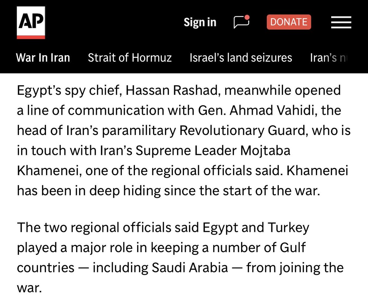 EGYPT_CSINT's tweet photo. The U.S.-based Associated Press @AP reported that GIS Director Hassan Rashad had a line of communication open with the new Commander-in-Chief of Iran’s IRGC, General Ahmed Vahidi, noting that Supreme Leader Khamenei had been in “deep hiding”. They also said that Egypt & Turkey kept states like Saudi Arabia from joining the war just as Pakistan etc mediated the talks [I guess limited reciprocal air strikes on Iran weren’t seen as a major escalation].