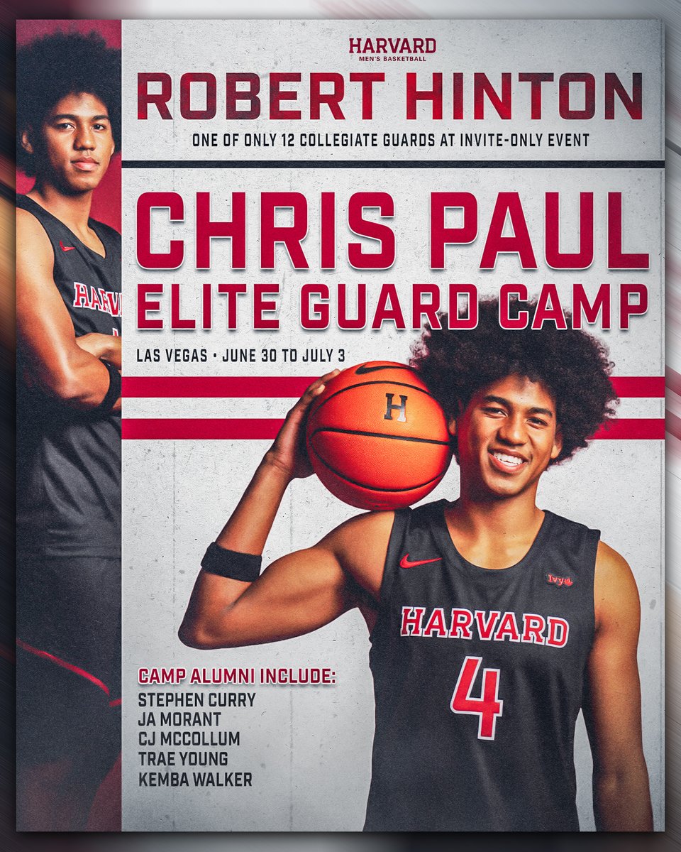 HarvardMBB's tweet photo. 🙌 Robert Hinton is set to compete as the Chris Paul Elite Guard Camp as one of 12 guards at the invite-only event in Las Vegas from June 30 to July 3!

📝 https://t.co/QOUKU9iiy5

#GoCrimson #OneCrimson https://t.co/OZWHnv42gj