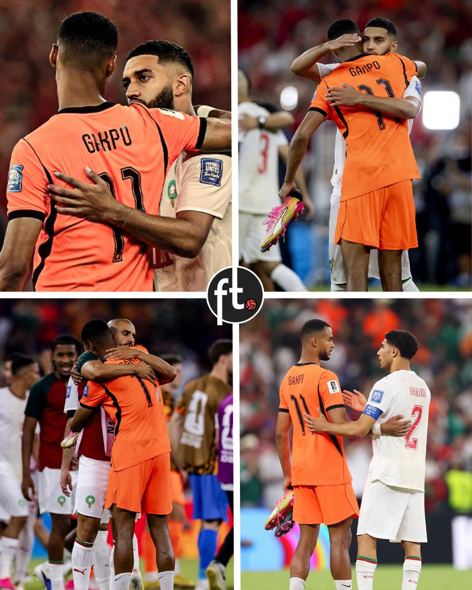 Footballtweet's tweet photo. A touch of class from Morocco after the final whistle. 🇲🇦👏 

Despite celebrating their own historic victory, their players made sure to comfort Cody Gakpo following the Netherlands' World Cup elimination.

Gakpo and his partner, Noa van der Bij, announced earlier this week that they lost their baby boy during pregnancy.

An incredible moment of sportsmanship.