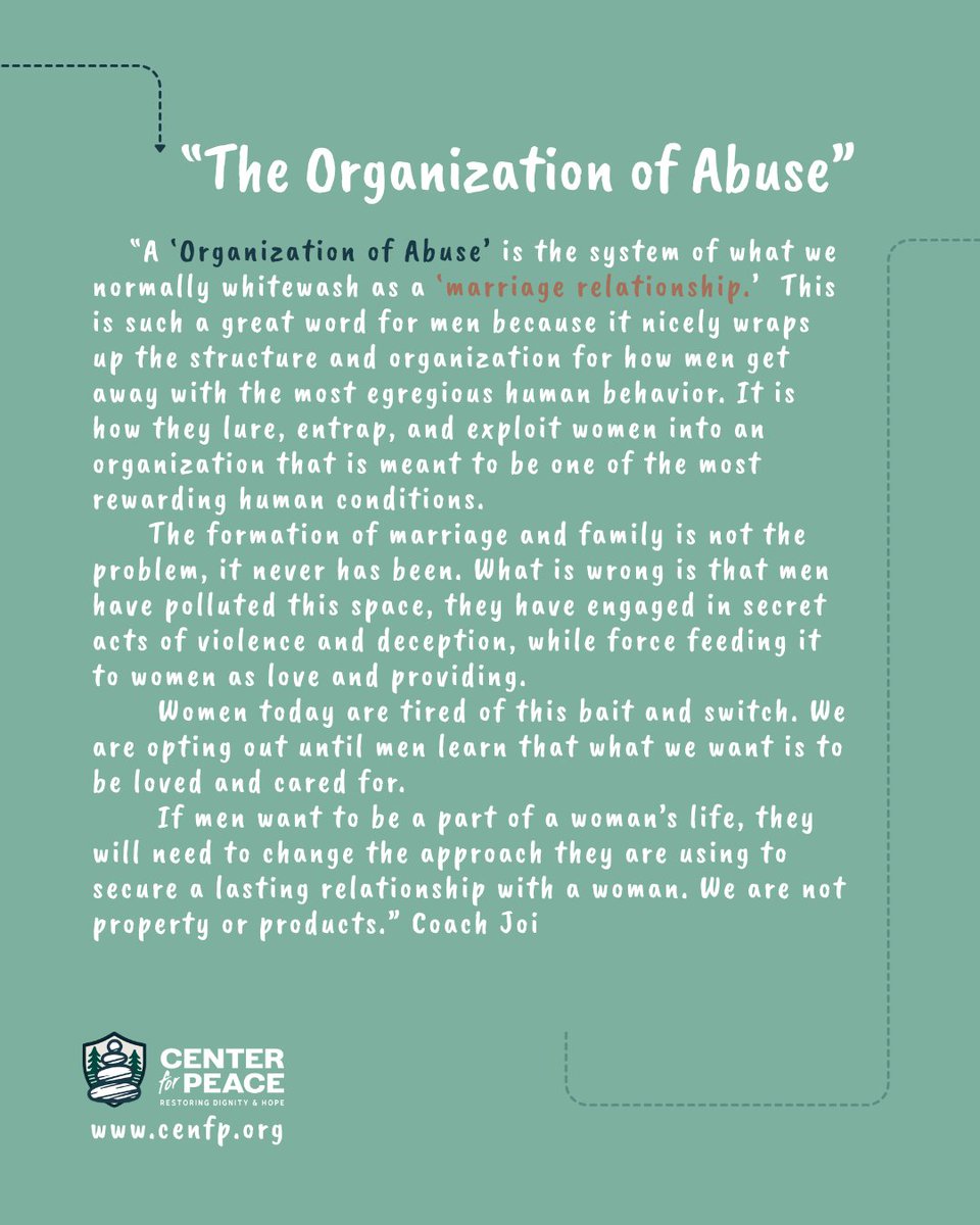 coach_joi's tweet photo. Has marriage become the organization of abuse where women are treated as property and product? #abuse #targetedpartnerabuse© #coercivecontrol #thedestructionofmarriage #abuseofmarriage #usingwomenforproducts #theorganizationofabuse #cenfp https://t.co/2NXmZRxxW2