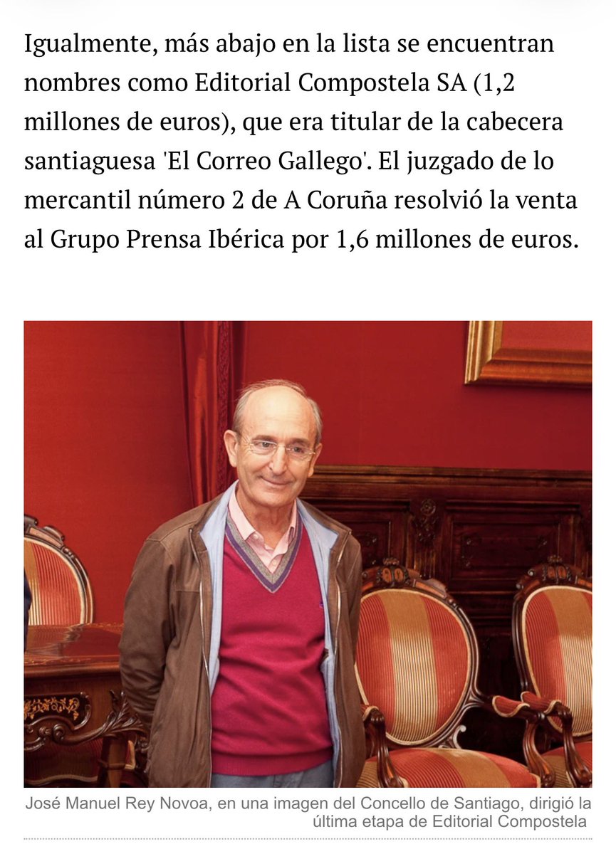 crispmarcote's tweet photo. Ay! los deudores a Hacienda… 

Veréis. Un amigo de Feijóo, Rey Novoa, dueño de la Editorial Compostela, titular de “El Correo Gallego” debía 1,2 millones de euros al fisco. También debía sueldos a sus trabajadores. 

En esta condiciones no puedes optar a ayudas públicas, verdad? Pues mire usted, él sí. 

Feijóo le dio 2,5 millones de dineritos públicos! Nunca los devolvió. 

Y además consiguió (él o su gran amigo) que ABANCA le perdonase una deuda de 5 millones de euros. 

Porque estamos hablando de que ese periódico era el de cabecera del PP Gallego. Amor con dinero público se paga. 

Ahora, Rey Novoa está imputado por corrupción y blanqueo. 

Estamos esperando a que la fiscalía llame a Feijóo y a Escotet para que expliquen esos favores, tan generosos, a un corrupto. https://t.co/tlmt40cpPQ