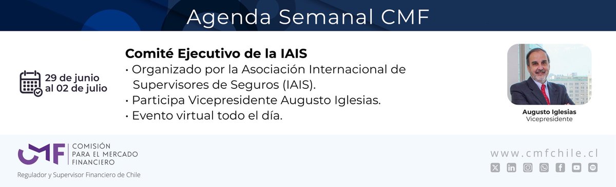 cmfchile_'s tweet photo. #AgendaCMF 🗓️| La Comisión para el Mercado Financiero (CMF) te invita a revisar las actividades públicas de las autoridades en la semana del 29 de junio al 3 de julio.

🔗https://t.co/9SbkZphbkO https://t.co/nALZHcZQ2y
