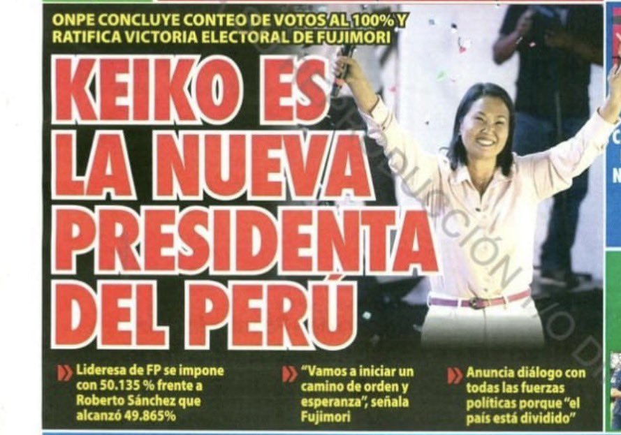 Frospigliosi's tweet photo. El Perú se salvó de caer en un abismo insondable gracias a Keiko Fujimori. Ahora K tiene la enorme responsabilidad de dirigir la recuperación del Perú, acabar con la delincuencia y fortalecer las instituciones. Los enemigos de la democracia, antauristas, senderistas y todos sus cómplices, intentarán hacer fracasar al gobierno. Usarán la violencia, como siempre. Habrá que volver a derrotarlos.