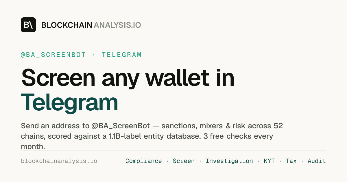 BA_Compliance's tweet photo. Getting paid by a wallet you don't know?
 
Before you accept it, find out:
- Is it sanctioned (OFAC/EU/UN/UK)?
- Are the funds coming from a mixer or an exploit?
- Or straight from an exchange?

Paste the address into @BA_ScreenBot → get an answer.
3 free checks every month.