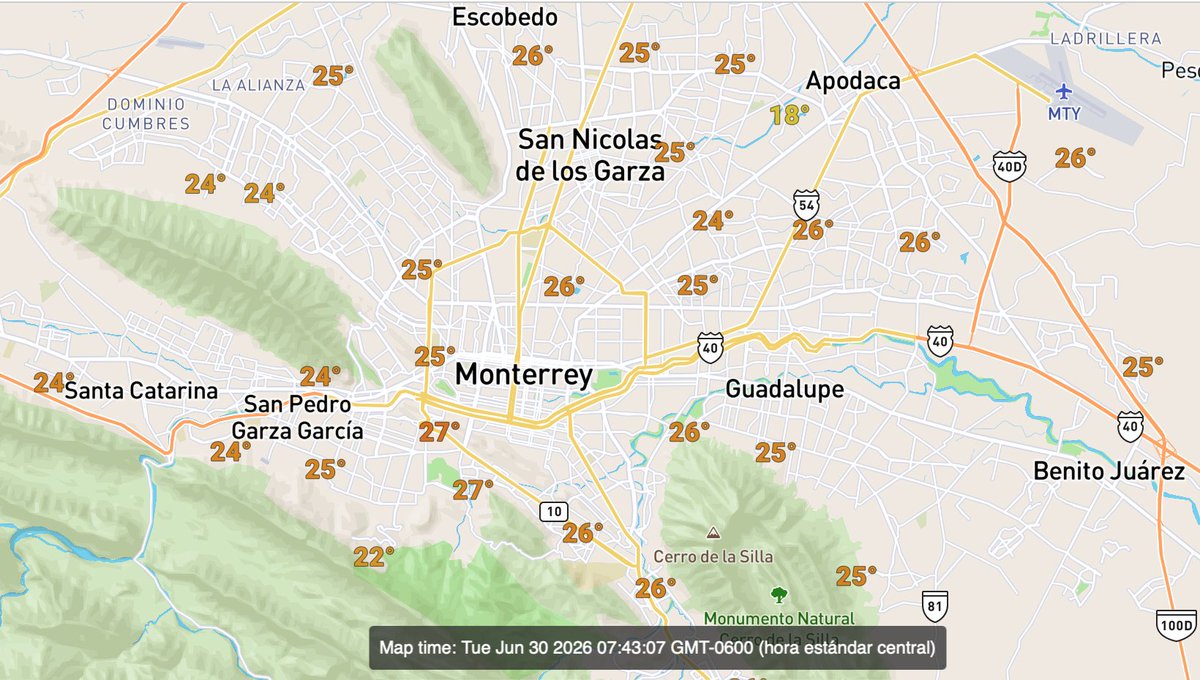 MauroMoralesMtz's tweet photo. Temperaturas de 25˚ a 27˚ esta mañana de martes 30 de junio. Cielo nublado y 4 estaciones marcando #Aceptable calidad del aire y 11 marcan #Buena. Hoy se espera una tarde Soleada con máxima de 34˚ a 35˚ con sensación de 37˚. Prepárese! https://t.co/ouDBIljErD