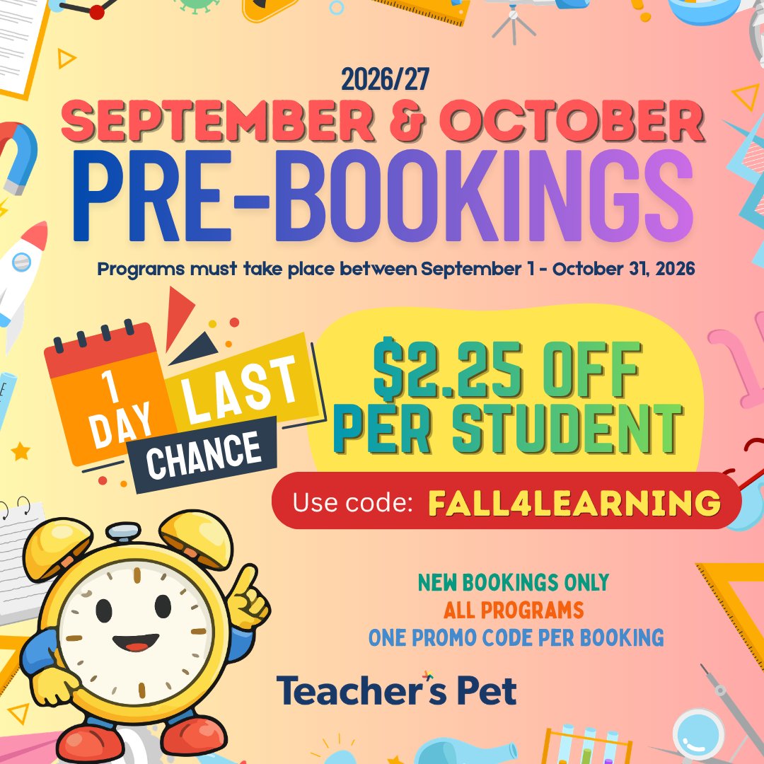 TPETca's tweet photo. School may be out, but we know some organized teachers who are already planning ahead! ☀️ In case you missed it, today is your LAST DAY to save $2.25/student on programs running in September or October. Book now and enjoy a stress-free summer! 

#programs #fieldtrips https://t.co/mYc4joMJvB