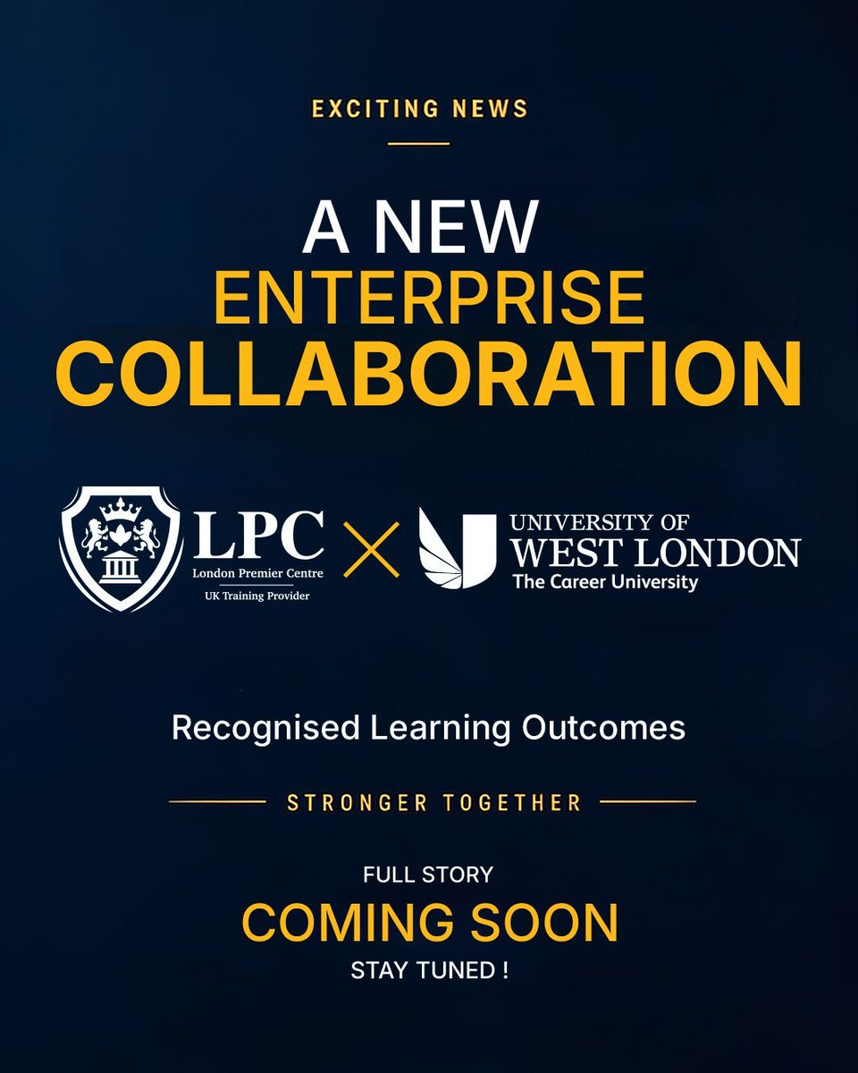LondonLpc's tweet photo. LPC × University of West London: A New ACADEMIC Enterprise Collaboration

LPC is proud to announce its new Enterprise collaboration with the University of West London.

Through this collaboration, LPC training *courses* will be supported by:

* Academic validation
* University-issued certificates
* Official certificate verification
* Quality assurance standards
* Stronger professional credibility for learners
A new step toward higher standards in professional education.

#LPCentre #UniversityOfWestLondon #UWL #Collaboration #ProfessionalEducation