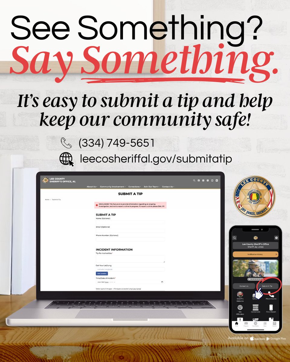LeeCoSheriffAL's tweet photo. See something? Say something.

While posting on social media can garner attention from the public, the best way to get a Deputy out to check on the situation is to contact us directly.

Call: 334-749-5651
Visit: https://t.co/9KM6f5h9oF  
Tap: Submit a Tip in our app https://t.co/aLsdv4bK6E