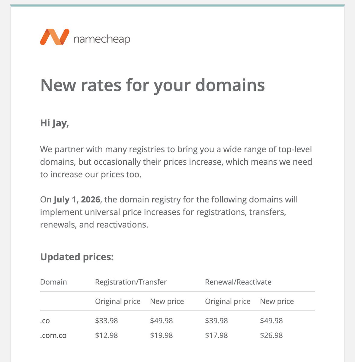 jaydrogers's tweet photo. ICYMI: Namecheap was sold to a private equity firm in September 2025.

These types of emails now seem regular.

Where are you planning to transfer all your domains to? 😅 https://t.co/2yDuOEnyYp