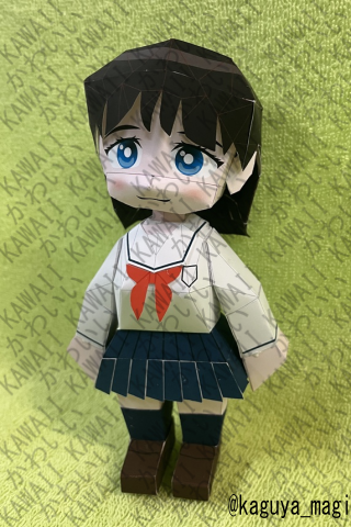 kaguya_magi's tweet photo. かんせいせい🫠
吉田さんというには特徴的な髪型が再現できなかった…。
スカートのヒラヒラも組立コストが爆あがりしただけでいまいち🤔
グラデーションをうまく使って１枚パーツで表現したほうがよさそうです。 https://t.co/PLqimRkCdm