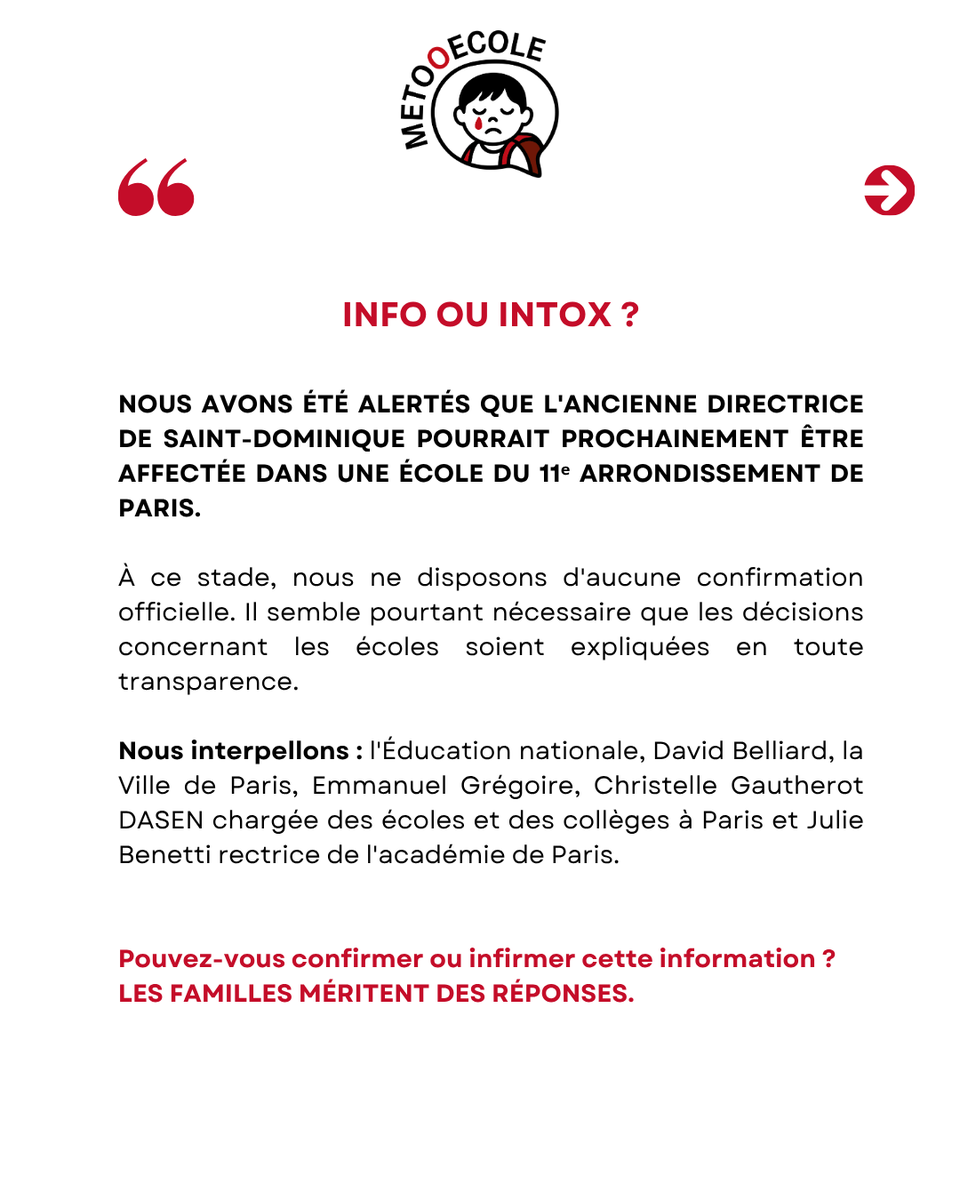 MeTooEcole's tweet photo. INFO OU INTOX ?
Si cette information est fausse, dites-le.
Si elle est vraie, expliquez-la.
Les familles méritent de la transparence.
#MairieParis11 @egregoire @David_Belliard @education_gouv @Academie_Paris @EdouardGeffray
#MeTooEcole #Transparence #ProtectionDeLEnfance https://t.co/dskQqdtSCY