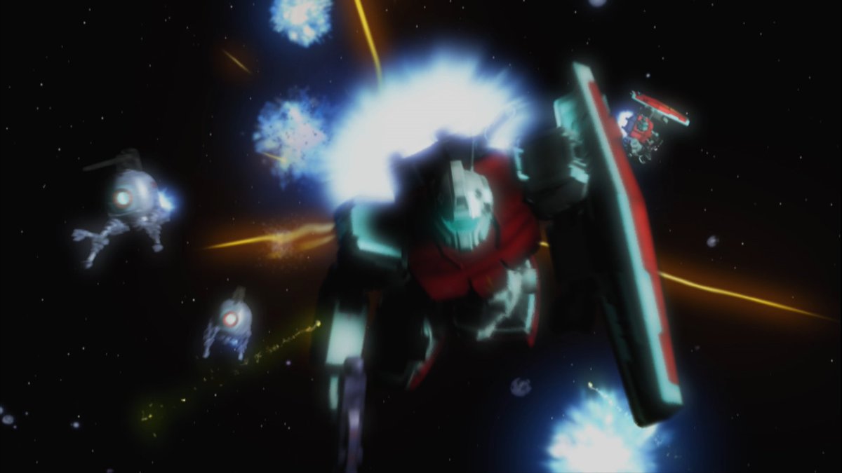 just_koop's tweet photo. I think the stylized realism of MS Igloo's visuals and animation is what I'd truly like to emulate someday. The soft bloom, the follow through and overlapping animation of the Mobile Suits. Something about it scratches my brain in just the right spot. Beautiful stuff. https://t.co/fibSHbLQfW