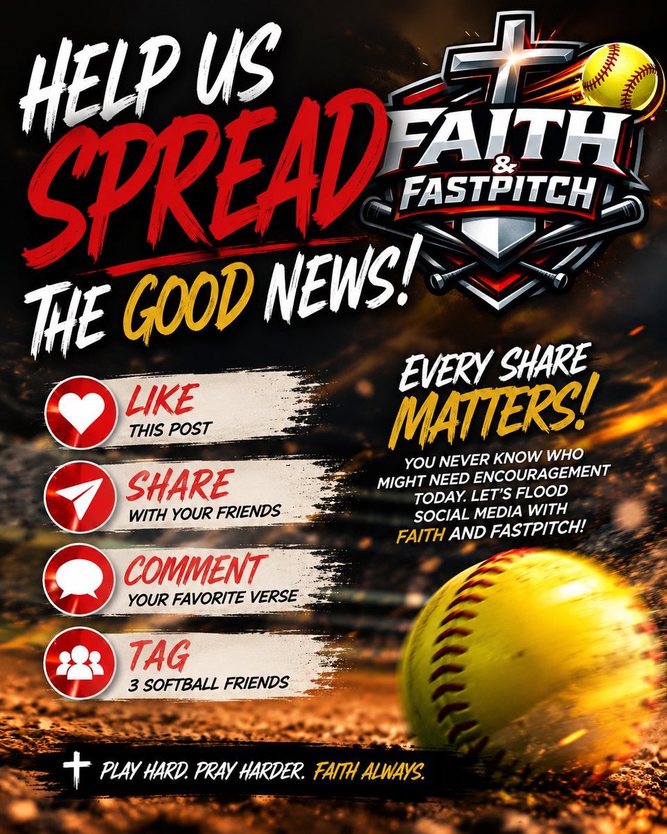 Faith_and_Fastp's tweet photo. 🥎⚡ FAITH & FASTPITCH FAMILY… LET’S DO SOMETHING BIG! ⚡🥎

Our mission is simple: use softball to spread the Good News of Jesus Christ.

Can you help us reach more players, parents, coaches, and fans?

👇 Here’s today’s challenge:

✝️ Comment with your favorite Bible verse.
❤️ Like this post.
🔄 Share/Repost it to your story or feed.
🏷️ Tag 3 softball friends who need a little faith in their timeline.

Let’s see how many people we can reach together! Every share could put God’s Word in front of someone who needs encouragement today.

If Faith & Fastpitch has ever encouraged you, inspired you, or made you smile, let others know by sharing this page.

Ready? Drop your favorite verse below and let’s flood social media with faith and softball! 🙏🥎

#FaithAndFastpitch #SpreadTheWord #SoftballFamily #FaithOverFear #JesusInTheDugout #ChristianAthletes #SoftballCommunity