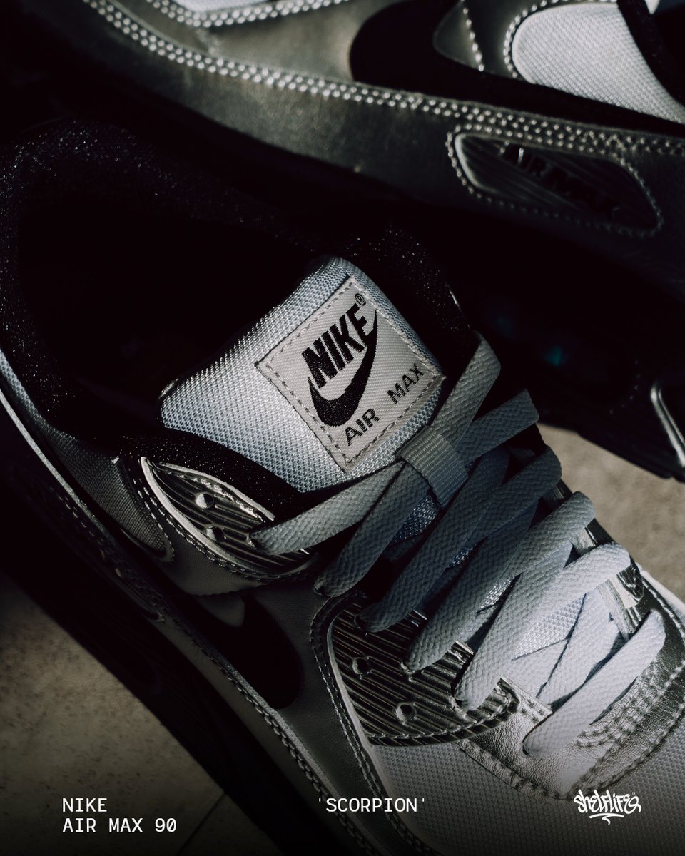 shelflifestore's tweet photo. Air Max 90 PRM 'Scorpion Pack', Chrome, Black, Gamma Blue. A sharper, more technical take on the classic runner.

Dropping tomorrow, in-store &amp; online for R2999 in sizes UK6 - UK11.
See more: https://t.co/i8Ws9Fz9fC https://t.co/E8qoxLmqbF