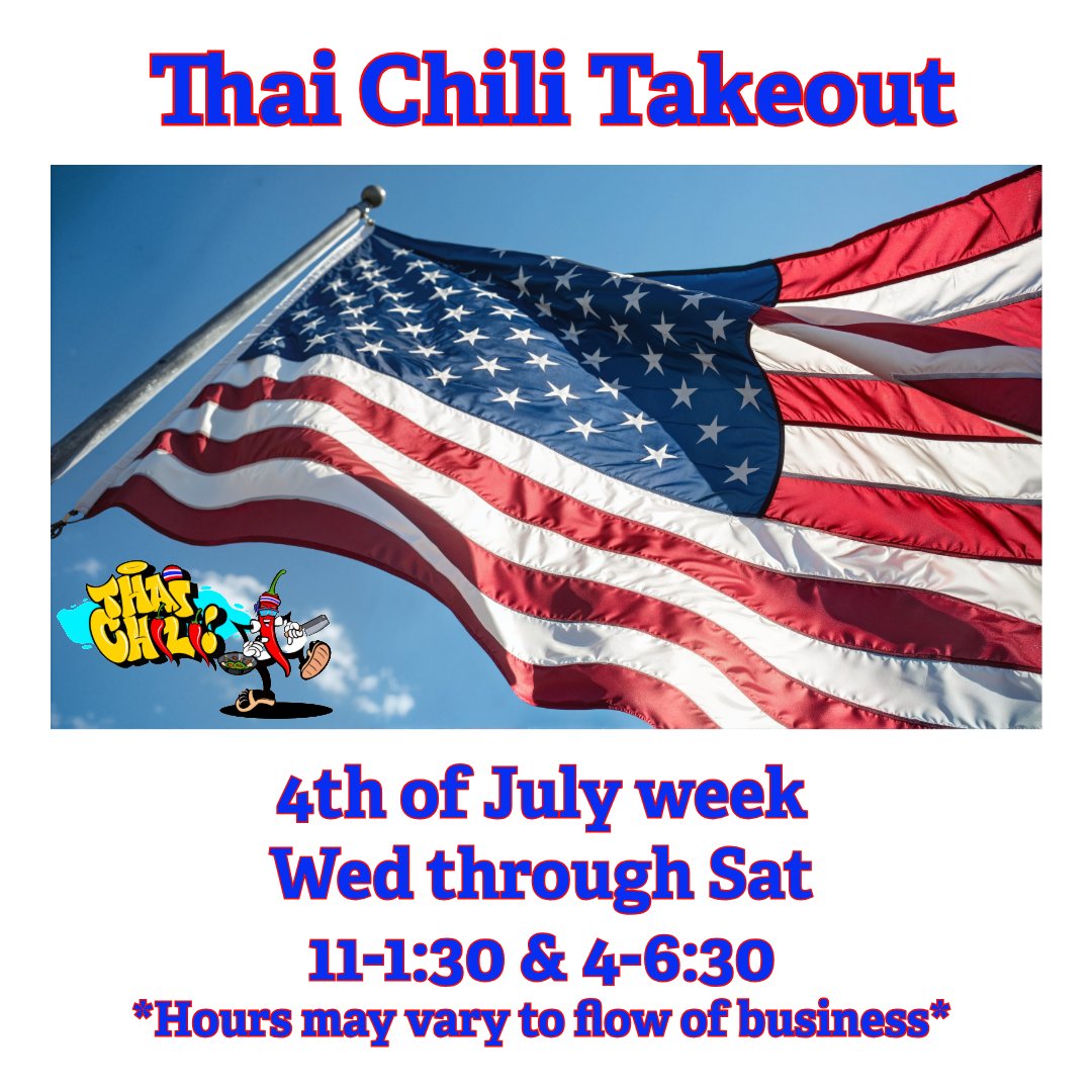 ThaibyTY's tweet photo. Thai Chili will be open for carry out this week regular days and hours. Wednesday through Saturday 11-1:30 &amp; 4-6:30. Hours may vary due to the flow of business so don’t wait last minute to get your order in for pickup. https://t.co/x0OoZponom
