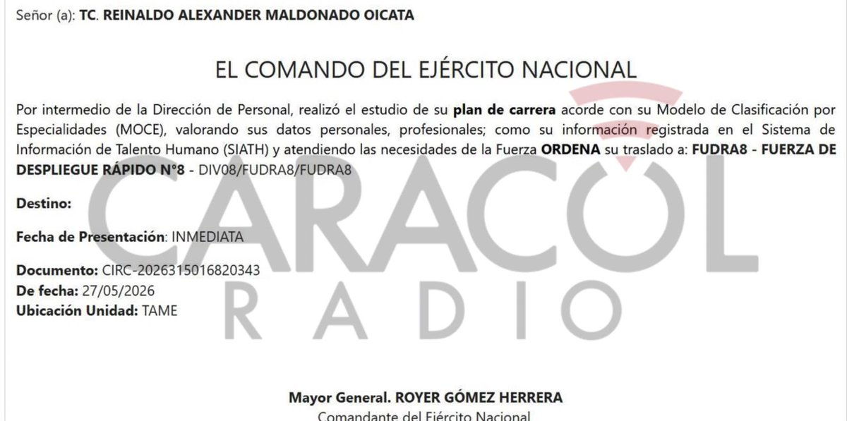UltimaHoraCR's tweet photo. #ATENCIÓN | Este es el documento que confirmaría que el coronel Reinaldo Maldonado fue trasladado desde el pasado mes de mayo por investigaciones de presuntas irregularidades en el Ejército y no por el saludo militar a Abelardo de la Espriella. 

Vía @josedavid88_ 
https://t.co/woHMRjVE2M