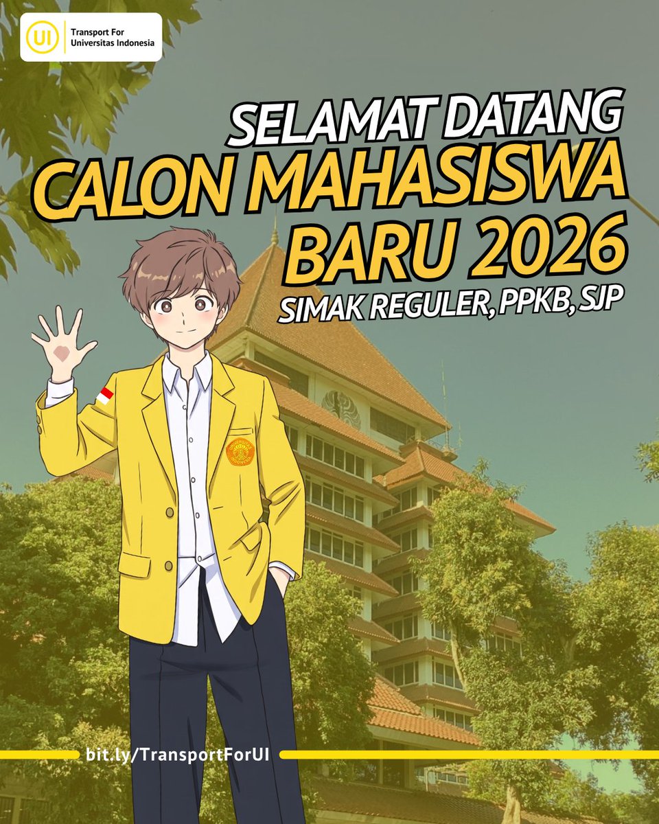tfunivindonesia's tweet photo. Selamat datang, Calon Pengguna Bis Kuning Universitas Indonesia 2026! 🥳🙌

Selamat atas keberhasilan kalian menembus jalur seleksi SIMAK UI, PPKB, dan SJP. Jaket Kuning dan bangku Bikun sudah siap menyambut kehadiranmu! https://t.co/amnNvo9aY9