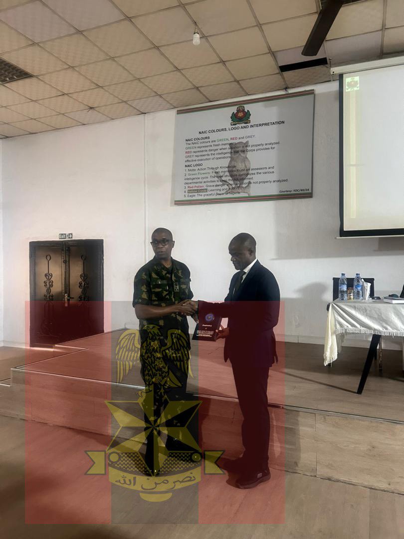 NigeriaArmyInfo's tweet photo. NIGERIAN ARMY INTELLIGENCE SCHOOL CONDUCTS LECTURE ON TERRORISM FINANCING AND ILLICIT ECONOMIES SUSTAINING VIOLENT NON-STATE ACTORS

The Nigerian Army Intelligence School (NAIS), Tego Barracks, Apapa, Lagos, has conducted a lecture on terrorism financing and illicit economies sustaining violent non-state actors for students of its Second Quarter Courses. The lecture was held on 29 June 2026 and was facilitated by resource persons from the Nigerian Financial Intelligence Unit (NFIU) as part of the school's continuous efforts to enhance the professional competence of its students in addressing contemporary security challenges.

Speaking during the lecture, the Team Leader from the NFIU, Mr Aderemi Olugbemi, highlighted the various channels through which terrorism is financed, noting that poorly monitored natural resources and other processed materials could serve as major sources of funding for terrorist and other violent non-state actors. He underscored the importance of robust inter-agency collaboration in disrupting illicit financial flows and safeguarding Nigeria's national security. Mr Olugbemi further urged students to leverage intelligence gathering and information sharing in combating emerging security threats.

In a related presentation, another resource person from the NFIU, Mr Mustapha Umar, delivered a lecture on the statutory roles of the NFIU in combating terrorism financing and money laundering in Nigeria. He emphasised the agency's mandate in financial intelligence collection, analysis and dissemination, while stressing the need for sustained collaboration among security, intelligence and law enforcement agencies to effectively counter financial crimes that fuel terrorism.

The lecture featured an engaging interactive session during which the students actively participated by asking insightful questions and making valuable contributions, reflecting their keen interest in the subject matter.

The event culminated in the presentation of souvenir to the team of resource persons by the Commandant, Brigadier General David Umaru, in appreciation of their invaluable contributions towards enriching the knowledge and operational preparedness of the students.

IBRAHIM SHITTU
Lieutenant Colonel
Acting Deputy Director, Army Public Relations, Headquarters Nigerian Army Signals
30 June 2026