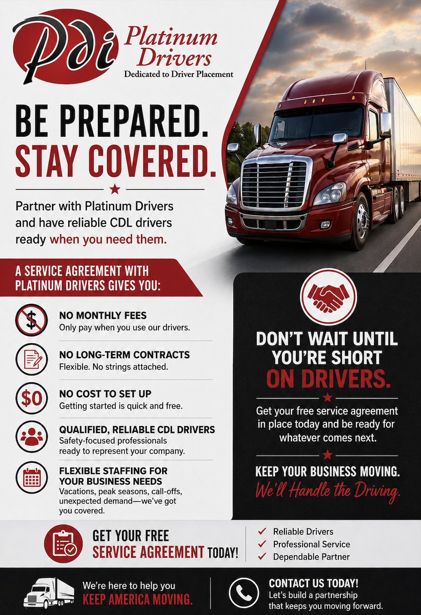 PlatinumDrivers's tweet photo. Ready when you need us!

Contact Platinum Drivers today to set up your FREE service agreement and keep your operations moving.

Call us today 844-800-1421 or visit https://t.co/pK0qf8NabU

#logisticssolutions #cdldriver #TempDrivers #DriverSolutions https://t.co/TFW7ZYiVam