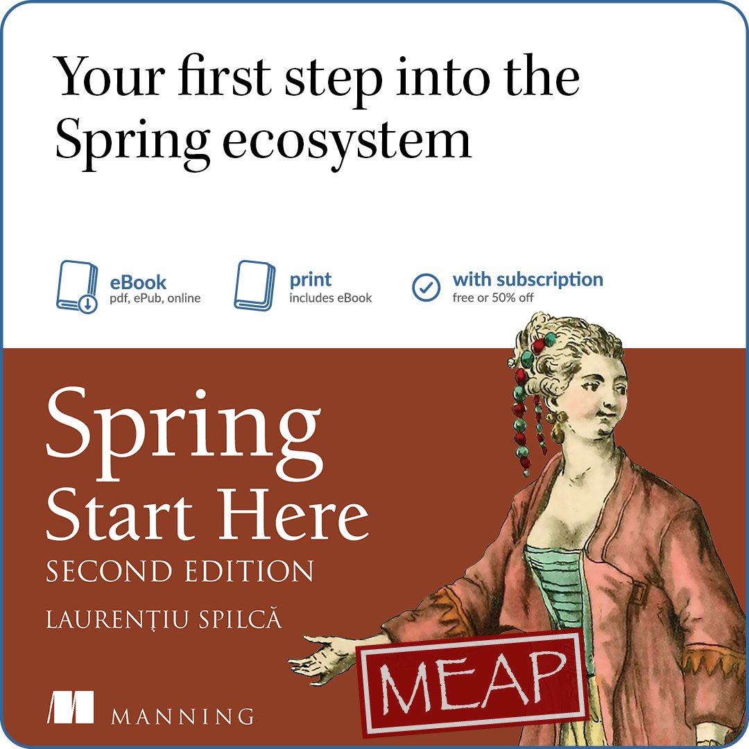 ManningBooks's tweet photo. The best technical books don't just teach a framework — they teach the foundations behind it.

Spring Start Here, Second Edition by @laurspilca helps you build a solid understanding of Spring through hands-on projects, whether you're learning it for the first time or updating your skills with Spring Framework 7 and Spring Boot 4.

Now in MEAP and 50% off through July 15th: https://t.co/BLlDdfVJ6e
