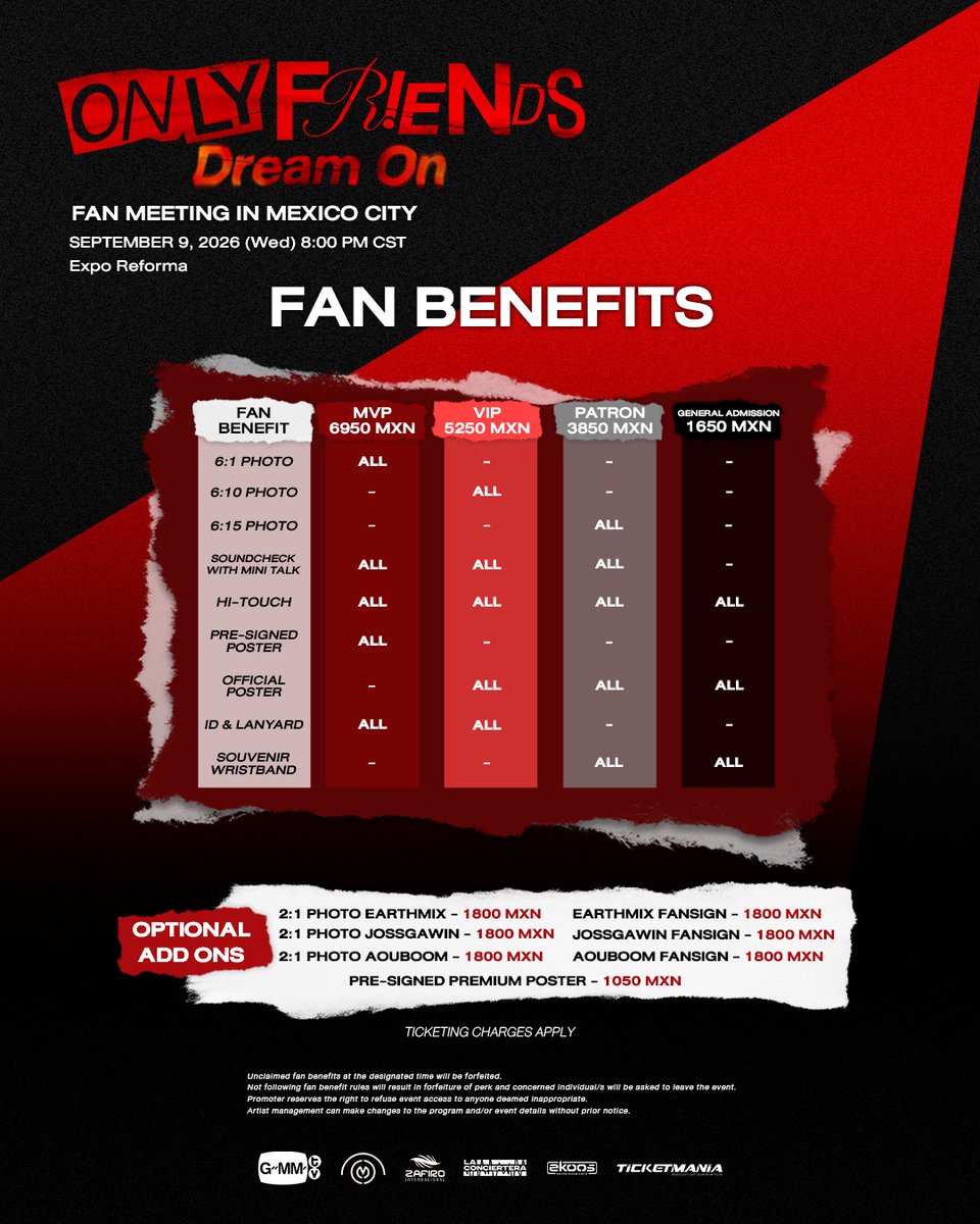 GMMTV's tweet photo. The show must go on… in Mexico! 🇲🇽

CDMX, the curtains are not closing just yet. The talented actors of “Only Friends: Dream On” are staging yet another performance right in your beautiful city.

With a stacked cast consisting of EarthMix, JossGawin, and AouBoom, this is an event that you don’t want to miss!

🎬 Only Friends: Dream On Fan Meeting in Mexico City
📆 September 9, 2026 | WED | 8:00 PM CST
📍 Expo Reforma

Ticket selling starts July 6, 12NN CST via https://t.co/Zfh56qxfqU. 

#OLFDreamOnAmericasTour
#EarthMix #JossGawin #AouBoom
#GMMTV
#CDM 
@Earth_Pirapat @wixxiws @Josswayar @gawincaskey @tnbau1 @besevboom