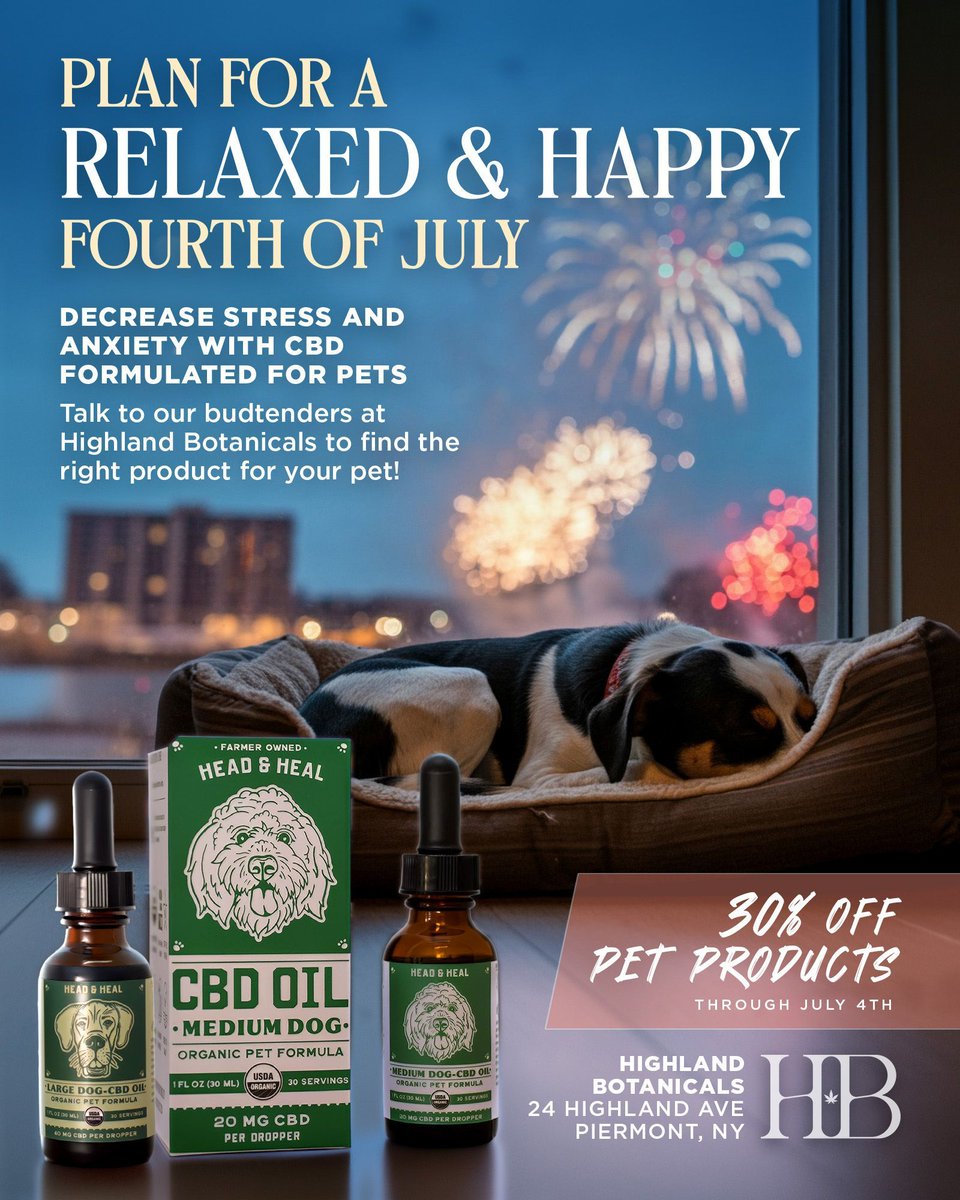 HighlandBotan's tweet photo. #Fireworks can be stressful for our four-legged friends 🎆🐾

Help your pet #staycalm and comfortable this #FourthofJuly. 

Our team can help you find the right option based on your pet’s size and needs.

📍 24 Highland Avenue | Piermont, NY

21+ only. Licensed New York retailer. https://t.co/rjE7dP54dW