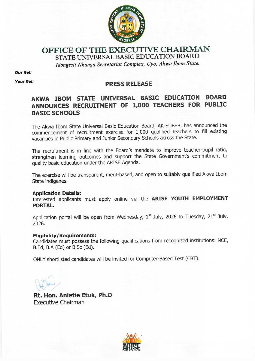 youngdestinya's tweet photo. BREAKING:

AK-SUBEB Announces Recruitment of 1,000 Teachers in Akwa Ibom

The Akwa Ibom State Universal Basic Education Board has opened recruitment for 1,000 qualified teachers to fill vacancies in public primary and junior secondary schools across the state.

READ MORE:

https://t.co/4dcfONp0pf