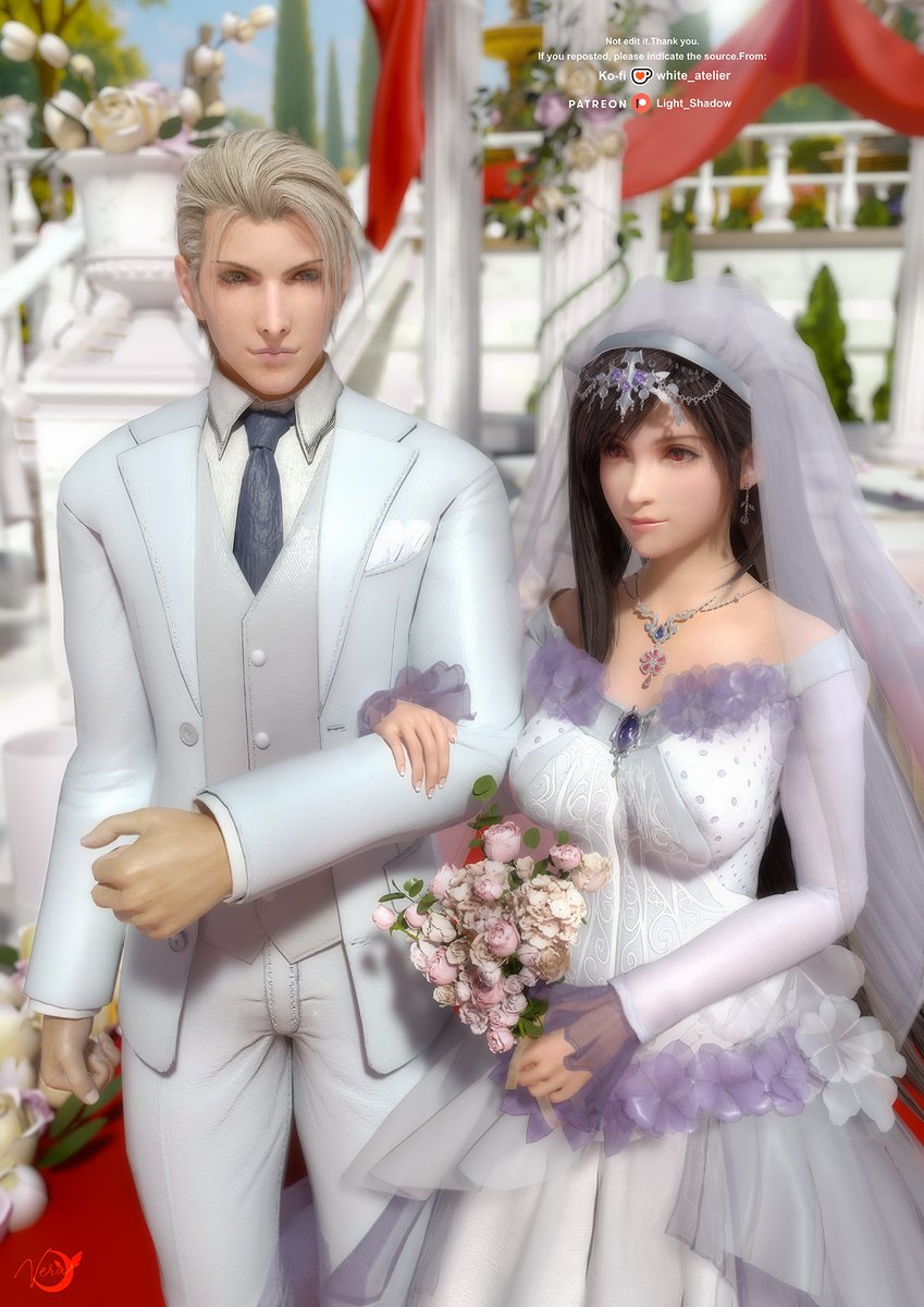 White__Atelier's tweet photo. Tifa and Rufus’s wedding. 💍✨ 
White suits them perfectly. 🤍
I bought a 3D wedding venue for this render, and I think Rufus would build one just for Tifa. 🏛️💖 
I hope REVELATION won’t follow the original ending. I’m not a fan of AC.

#RufTi #RufusShinra #TifaLockheart https://t.co/J9xe78XG0E