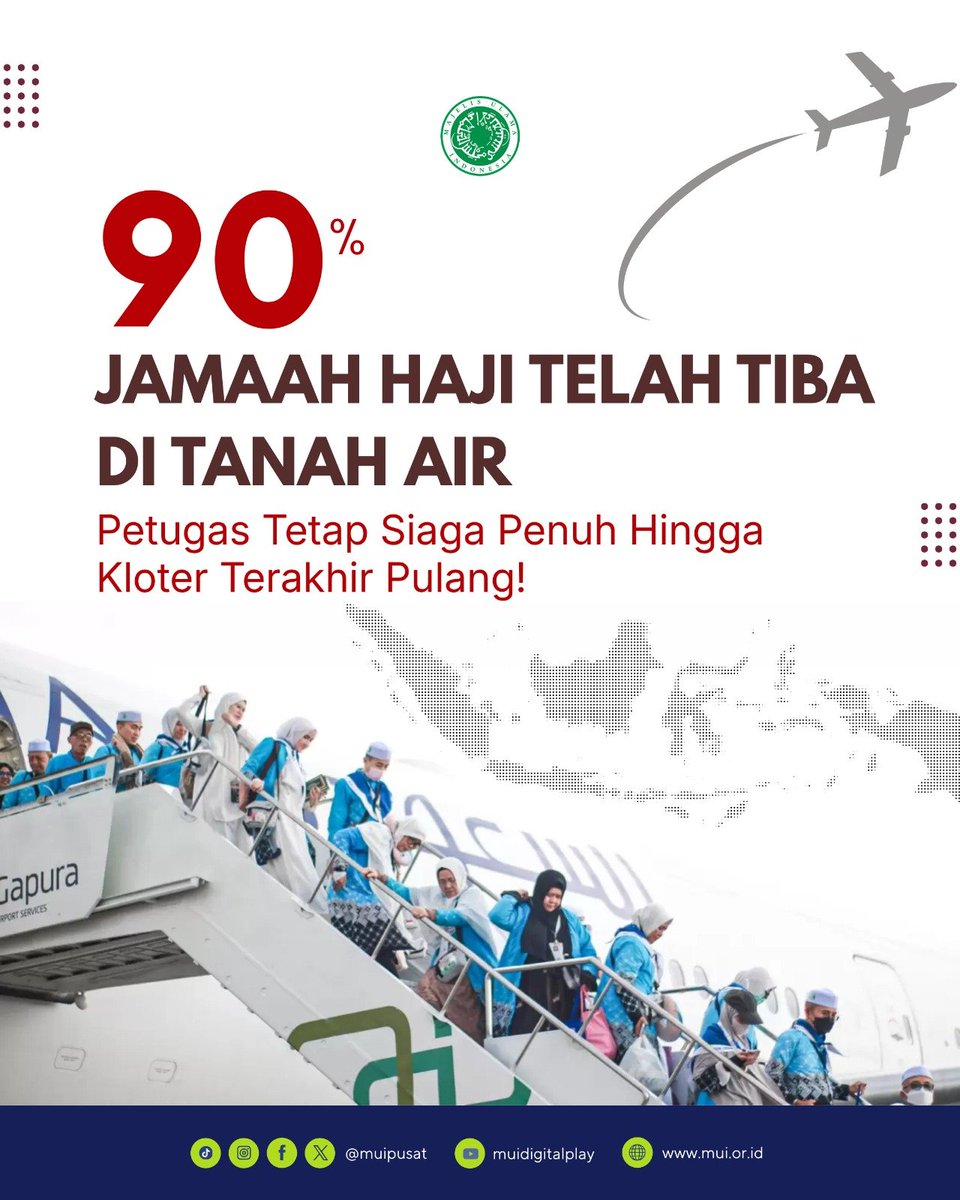 muipusat's tweet photo. Proses pemulangan jamaah haji Gelombang I dan II terus berjalan lancar sesuai jadwal berkat sinergi luar biasa dari semua pihak.

Hingga saat ini, sekitar 90% dari total jamaah sudah berada di Tanah Air. Namun, komitmen pelayanan dari Kementerian Haji dan Umrah (Kemenhaj) bersama para petugas tetap berjalan 100% tanpa kendor sampai seluruh kloter tuntas dipulangkan.

#Haji2026 #InfoHaji #JamaahHaji #PetugasHaji #MUI