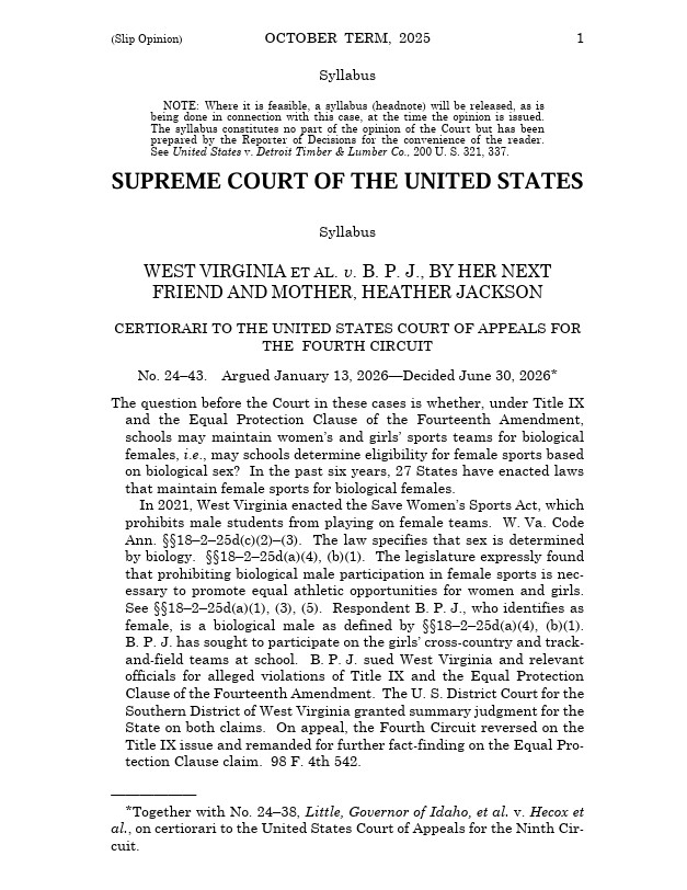 scotus_wire's tweet photo. 🚨 The Supreme Court upheld West Virginia and Idaho laws limiting girls' and women's school sports teams to biological females, holding that Title IX permits sex-separated teams based on biological sex and that the laws do not violate the Equal Protection Clause. https://t.co/XyjSmux2rh