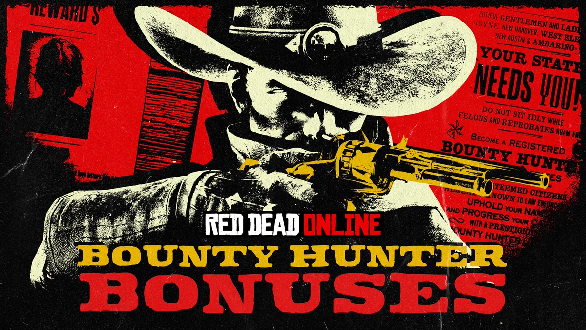 Red Dead Online Bounty Hunter Bonuses poster artwork featuring a Red Dead Online character holding a revolver against a background of Bounty Hunter flyers.
