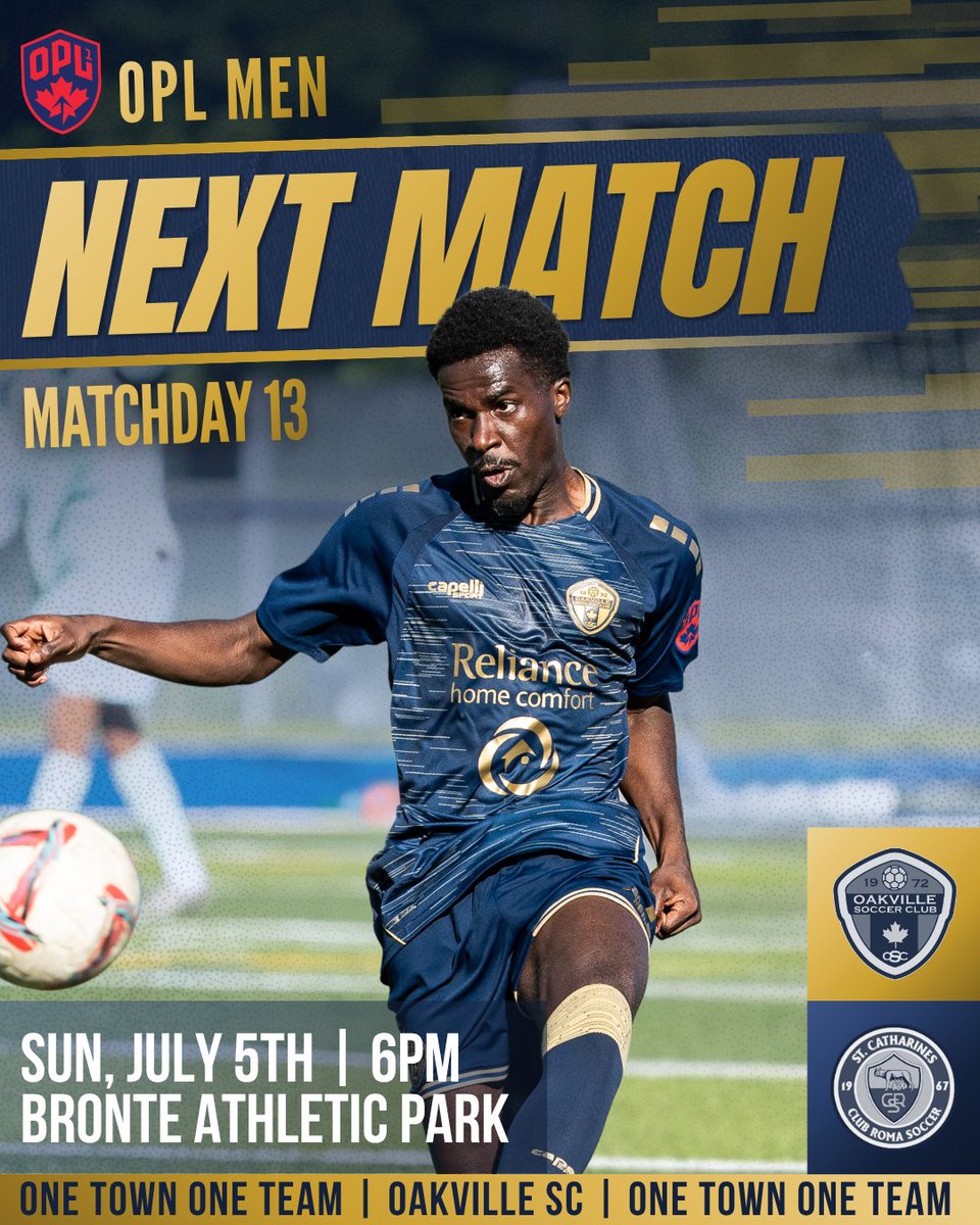 Oakville_Soccer's tweet photo. Our OPL Men are BACK HOME this Sunday as we take on St. Catharines Roma for the third time in 2026! ⚔️
Make sure you come on out to Bronte Athletic Park this Sunday to cheer our men on to victory at home! 👏
📸 Kevin Raposo
#OSC #OneTownOneTeam #OPL https://t.co/qeiJVnyglj