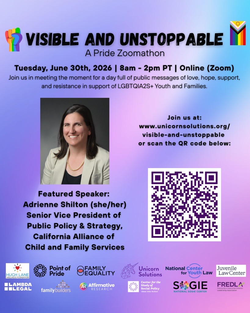 CaAllianceKIDS's tweet photo. Today is the day! The Visible and Unstoppable Pride Zoomathon kicks off this morning, hosted by Unicorn Solutions with our Senior Vice President of Public Policy, Adrienne Shilton, among the speakers.

Four hours of amazing speakers, interviews, and stories standing in visible, unstoppable support of LGBTQIA2S+ youth and families. It is not too late to join.

Register and tune in: https://t.co/UpqAdPJjrc