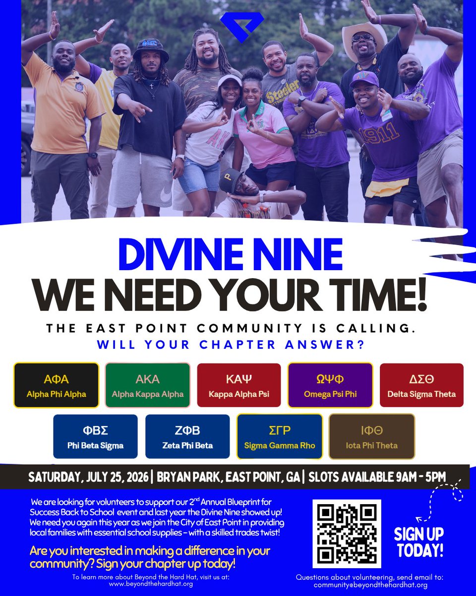BeyondHardHat's tweet photo. Calling the Divine Nine. Service is what you do! Bring it to Bryan Park on July 25th for the 2nd Annual #BlueprintforSuccess #BacktoSchool Bash! A few hours. A lasting impact. Scan QR or sign up here: https://t.co/IYDPknHTDb. #beyondthehardhat #blueprintforsuccess https://t.co/SwDncfgM5T