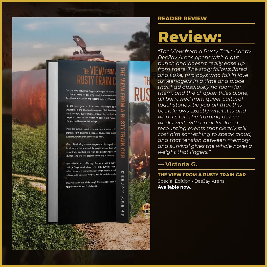 DeeJayArens's tweet photo. "Opens with a gut punch and doesn't really ease up from there."

— Victoria G. on The View from a Rusty Train Car: Special Edition by DeeJayArens

🎧 Audiobook coming soon.
📖 https://t.co/jPvF1NzQ2v

#LGBTQBooks #NewAdult #BookReview https://t.co/NH7mB0ryZn