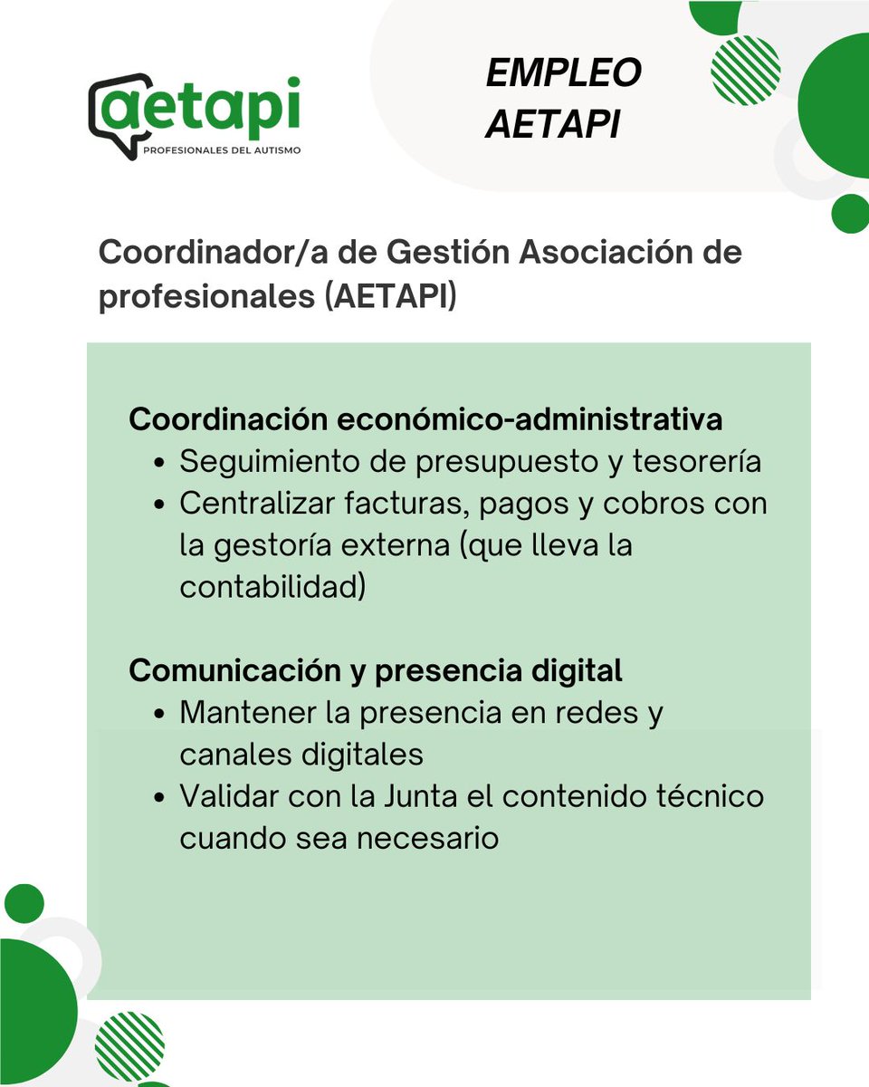 AETAPI's tweet photo. 📢 AETAPI busca Coordinador/a de Gestión! Media jornada, teletrabajo e incorporación inmediata. Si tienes experiencia en gestión y te interesa el ámbito del autismo, inscríbete aquí 💙 https://t.co/J2jEy0kuPS https://t.co/taTyspa9je