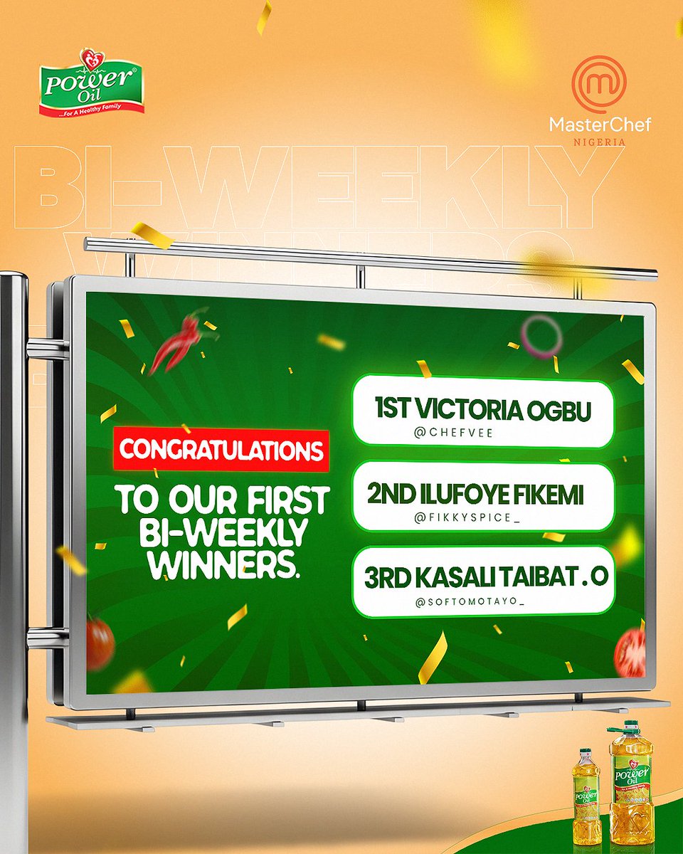 EstherEssien_'s tweet photo. Power Oil just announced the first
bi-weekly winners.
 Imagine winning  before the grand finale? If you never enter, na you lose.
#CertifiedMasterChefChallenge https://t.co/B1uUafTXqz