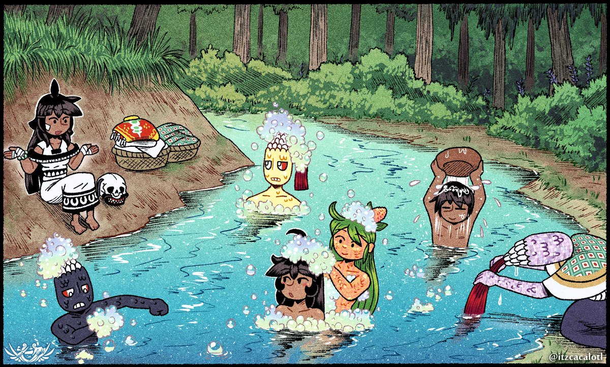Itzcacalotl's tweet photo. More landscapes &amp; backgrounds 🏞️
The Isthmus Zapotec city of Guidxiguie' (today Juchitán); a slice-of-life river bathing scene from book 2 (they used the "xiuhamolli" plant to produce foam like soap); and a wild river during heavy rains (sneak peek from book 3).
#CodexBlack https://t.co/cPF0dHF5gu