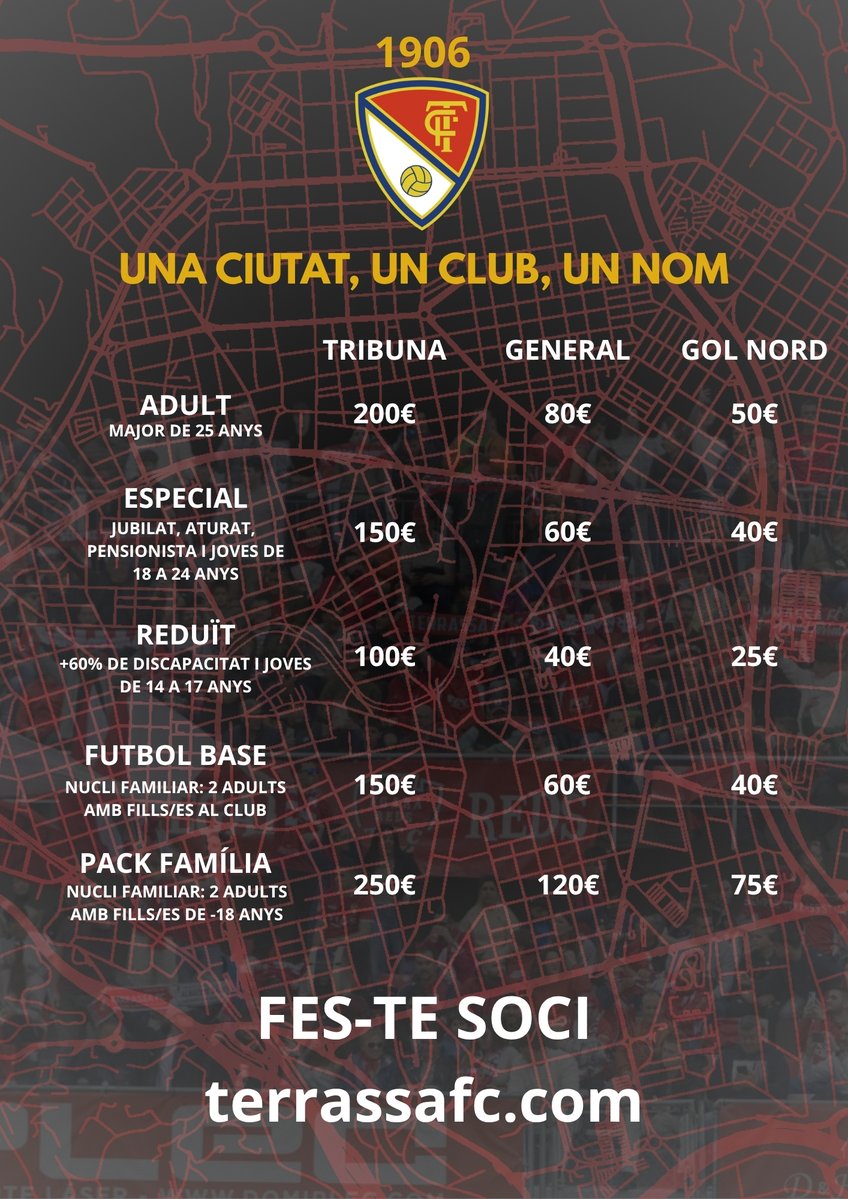 TerrassaFC's tweet photo. ❤️Una ciutat, un club, un nom❤️

😉Terrassistes, aquestes són les tarifes dels abonaments per la temporada 2026/27. 

⏳A partir de les 16:30h, es podrà renovar l'abonament o fer-se nou soci al portal web o a oficines. 

#TerrassaFC #AmuntTerrassa https://t.co/6JeUA7QCKL