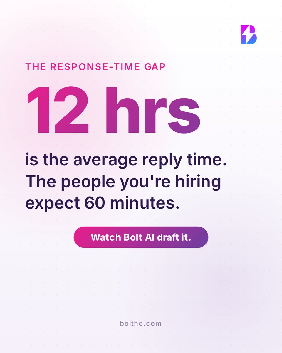 BoltHealthcare's tweet photo. ⏱️ Average applicant reply time: 12 hours. Their patience: 60 minutes.
In caregiver hiring, first response usually wins. Bolt AI reads the thread and drafts the reply so teams answer in minutes. ⚡
https://t.co/QD1CFDcInv
#CaregiverRecruiting #Homecare #HealthTech https://t.co/EcKOl4Cn9j