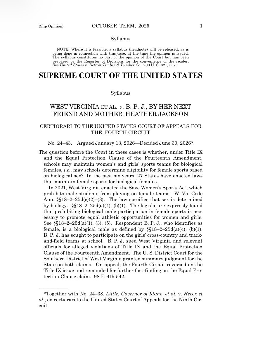 PollTracker2024's tweet photo. US Supreme Court rules in favor of Idaho and West Virginia in banning transgender athletes from participating in women’s sports

6-3 decision  

Link to ruling: https://t.co/zxtSBVtsRd https://t.co/gGOnrd1uvi