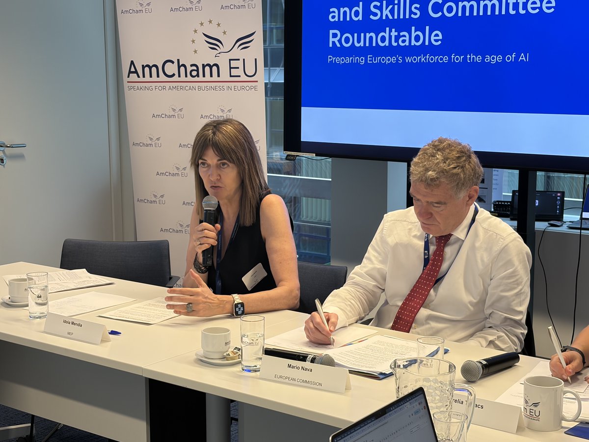 AmChamEU's tweet photo. How can Europe prepare its workforce for the age of AI?

Today AmCham EU hosted a roundtable on advancing skills for Europe’s AI transition. Members and policymakers discussed how AI is changing roles across sectors and how we can close the skills gap.

As AI becomes part of everyday work, Europe must strengthen its skills base to support competitiveness and prepare people for the future of work.

Thanks to Mario Nava and Idoia Mendia for joining the discussion, as well as our members who joined