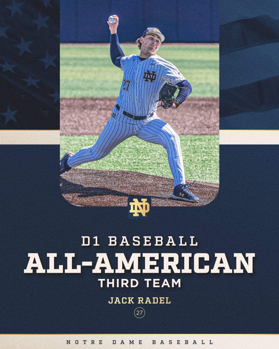 NDBaseball's tweet photo. Jack Radel picked up his second All-American honor for the 2026 season by being named a Third Team selection by @d1baseball☘️

#GoIrish ☘️ https://t.co/CWBk6AwGWv